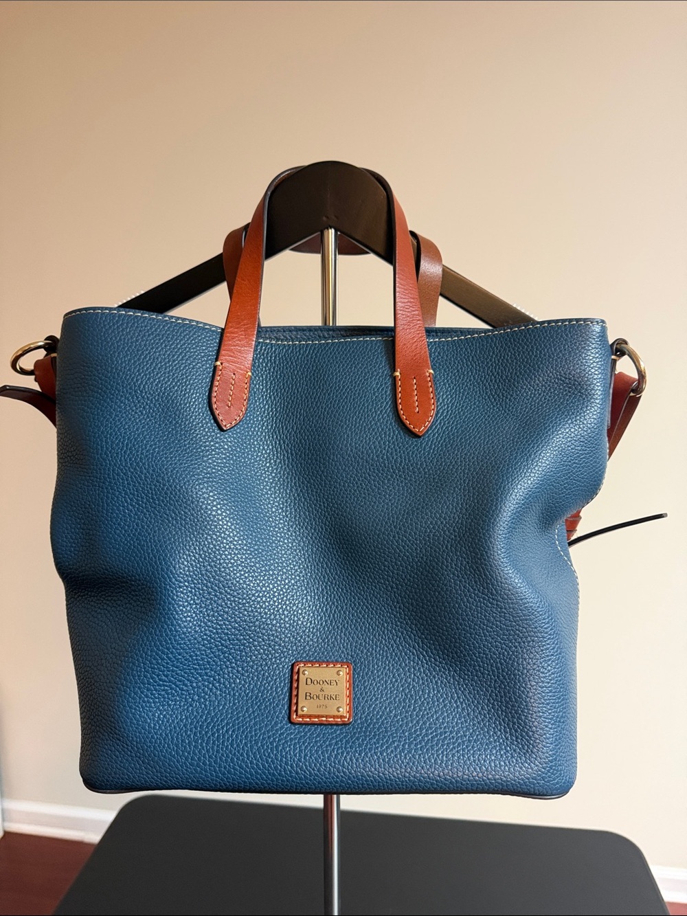 Dooney & Bourke Teal Pebbled Leather Tote with Brown Handles